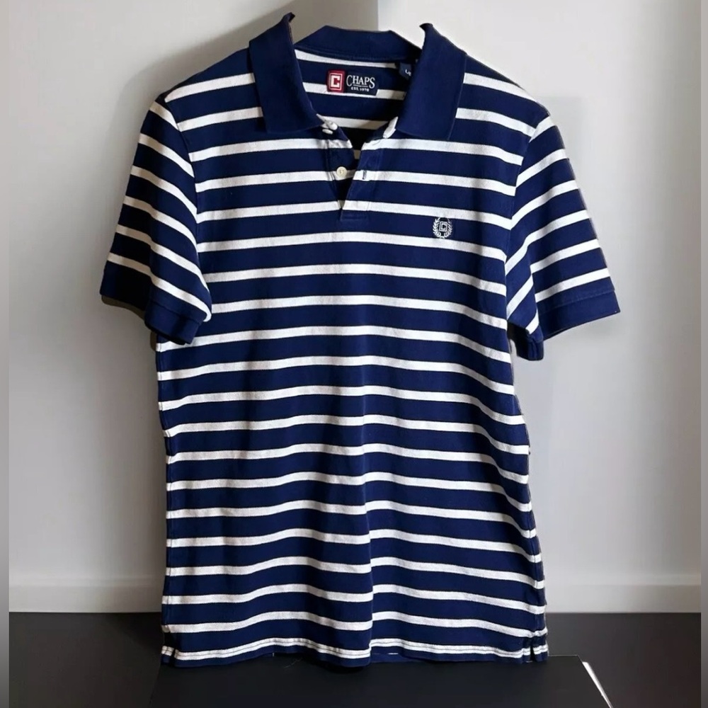 Chaps Polo Shirt Men Large Blue Striped Custom Fit Short Sleeve Casual Cotton
